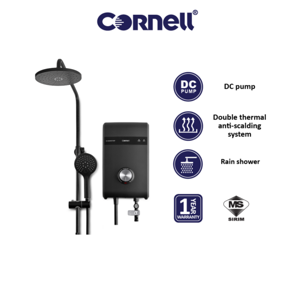 Cornell DC Pump Water Heater with Rain Shower (Matt Black) 4.2kW | CWH-4201DCR